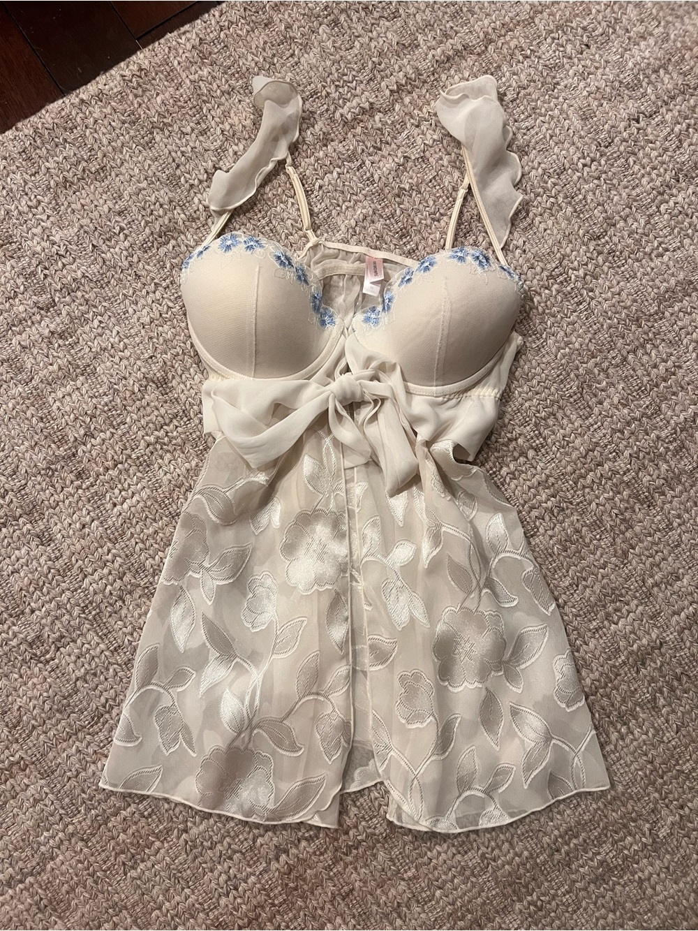 Sheer Floral-Embroidered Cream Chemise with Blue Accents